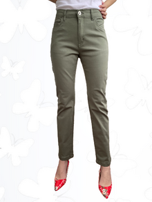 Едноцветен дамски панталон, права кройка тип дънки с пет джоба, сиво-зелена гама