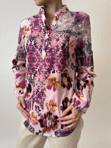 Полувталена дамска риза от памук с регулируема дължина на ръкавите, десен в етно стил, циклама