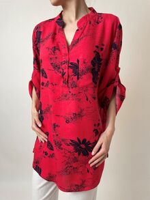 Свободна дамска риза, 3/4 ръкав с регулируема дължина, десен на цветя в червено