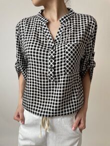 Свободна дамска риза, 3/4 ръкав с регулируема дължина, десен ситно каре в класическо черно-бяло