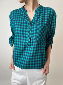 Свободна дамска риза, 3/4 ръкав с регулируема дължина, десен ситно каре в тюркоаз