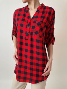 Свободна дамска риза, 3/4 ръкав с регулируема дължина, десен ситно каре в черно и червено
