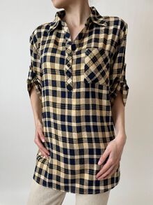 Свободна дамска риза, 3/4 ръкав с регулируема дължина, десен ситно каре в черно и жълто