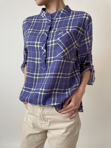 Свободна дамска риза, 3/4 ръкав с регулируема дължина, десен едро каре в лилаво и бяло