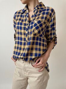 Свободна дамска риза, 3/4 ръкав с регулируема дължина, десен едро каре в синьо и жълто