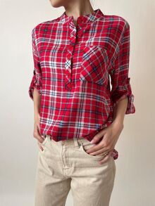 Свободна дамска риза, 3/4 ръкав с регулируема дължина, десен едро каре в червено и синьо