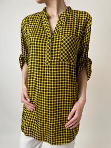 Свободна дамска риза, 3/4 ръкав с регулируема дължина, десен ситно каре в черно-жълто