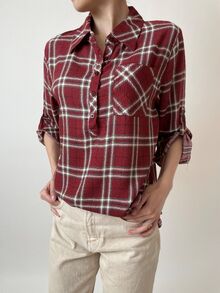 Свободна дамска риза, 3/4 ръкав с регулируема дължина, десен едро каре в бордо