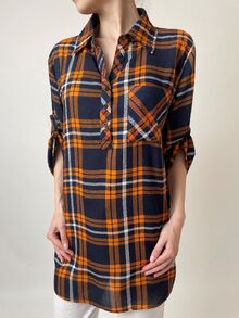 Свободна дамска риза, 3/4 ръкав с регулируема дължина, десен едро каре в оранжево и синьо