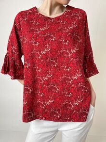 Свободна дамска блуза с 3/4 ръкав, памучна материя, десен в червено