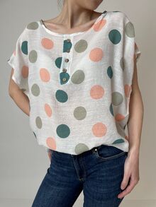 Свободна дамска блуза с къс ръкав, памучна материя, десен разноцветни кръгове