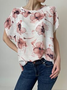 Свободна дамска блуза с къс ръкав, памучна материя, нежен флорален десен в светло розово