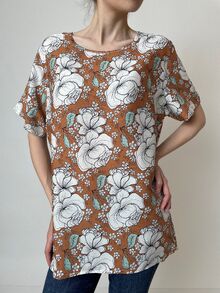 Свободна дамска блуза с къс ръкав, памучна материя, десен в цвят кафе