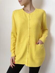 Дамска жилетка с кашмир, релефна плетка с два предни джоба, цвят жълто