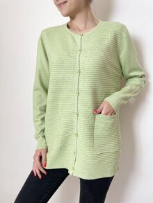 Дамска жилетка с кашмир, релефна плетка с два предни джоба, цвят светло зелено