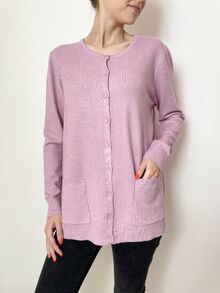 Дамска жилетка с кашмир, гладка плетка с два предни джоба и малки копчета, цвят розово