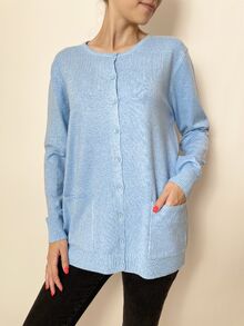 Дамска жилетка с кашмир, гладка плетка с два предни джоба и малки копчета, цвят небесно син