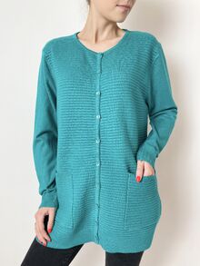 Дамска жилетка с кашмир, релефна плетка с два предни джоба, цвят тюркоаз