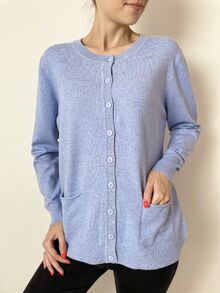 Дамска жилетка с кашмир, гладка плетка с два предни джоба, цвят светло син