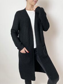 Дълга дамска жилетка с кашмир, еластична плетка с два предни джоба, цвят черно