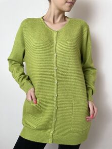 Дамска жилетка с кашмир, релефна плетка с два предни джоба, цвят ярко зелено