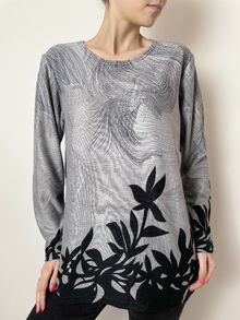 Дамска блуза с дълъг ръкав, ватирана материя с кашмирена мекота, десен листа в сиво