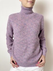 Кашмирен пуловер тип поло, дебела плетка с ластик на талията и ръкавите, десен в лилаво