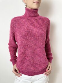 Кашмирен пуловер тип поло, дебела плетка с ластик на талията и ръкавите, десен в циклама