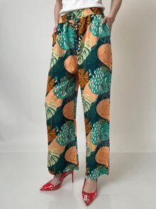 Летен дамски панталон с италиански джобове, широка кройка с ластик и връзки в талията, разноцветен десен