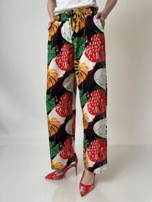 Летен дамски панталон с италиански джобове, широка кройка с ластик и връзки в талията, разноцветен десен