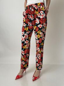 Летен дамски панталон с италиански джобове, права кройка с ластик и връзки в талията, разноцветен десен